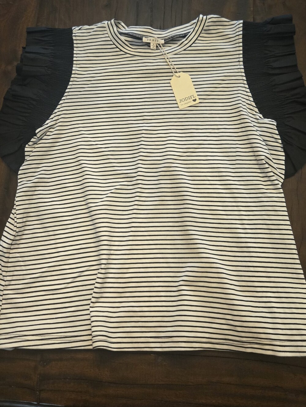 New Jodifl Black And White Stripe Top With Ruffle Sleeve